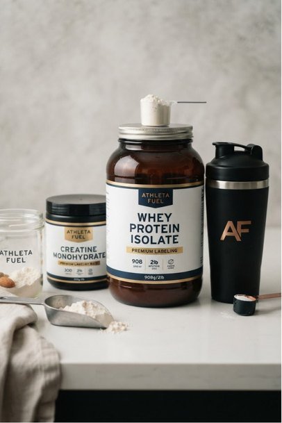 Proteína y creatina AXS Nutrition junto a un shaker