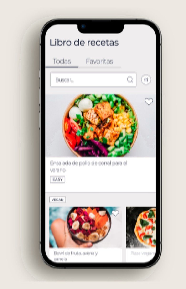 Libro de recetas de la app AXS Fitness en un móvil