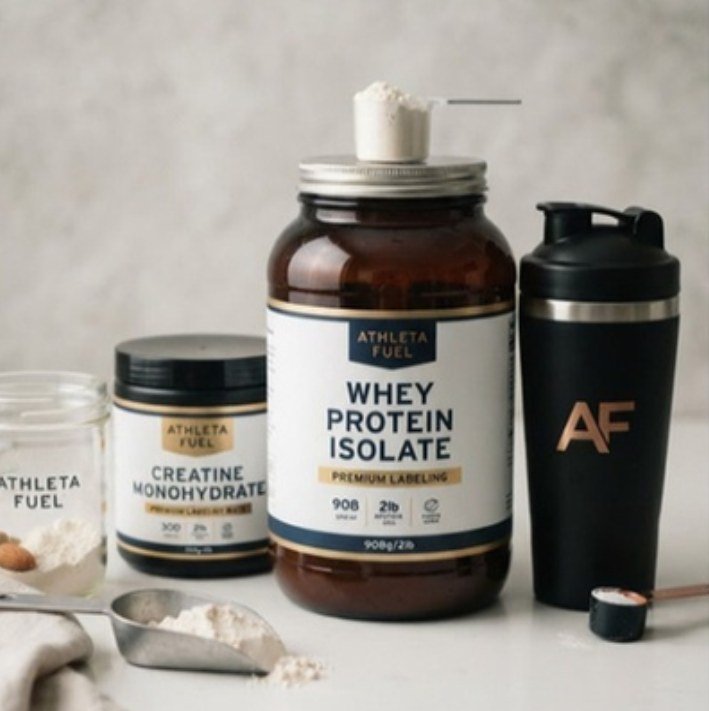 Proteína whey, creatina y shaker de nutrición deportiva